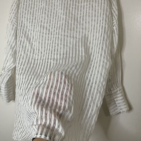 ZARA white shimmer stripe button down lightweight blouse shirt size small - Picture 4 of 6